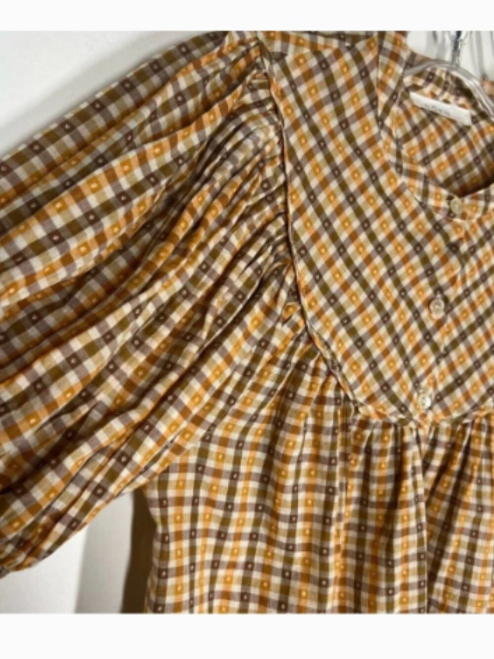Doen Brenna Blouse in Orange Meringue Plaid Puff Sleeves Button Front Sz XS - Picture 5 of 6
